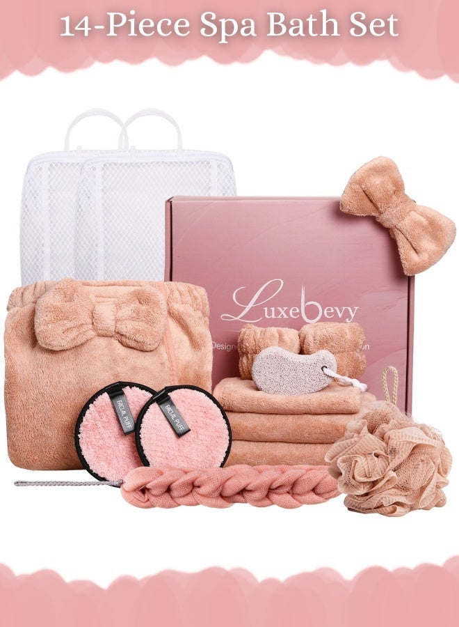 Luxebevy 14-Piece Spa Bath Gift Set for Women – Luxury Pink Coral Fleece Towel Wrap, Hair Towel, Loofah, Back Scrubber, Makeup Pads & More – Premium Bathroom Accessories Gift Box for Birthday & Valentines Day - Image 1